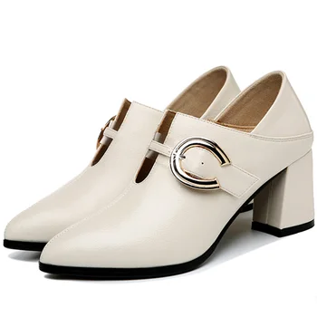 TTSDARCUPS Nový štýl ženy kožené topánky mäkké kožené pohodlné vysoké podpätky 6,5 CM Kovové pracky Námestie vedúci Veľkej veľkosti čerpadiel