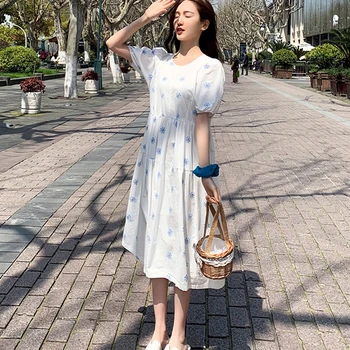 Kórejský Biely Kvet, Letné Šaty Žien 2021 Vintage Lístkového Rukáv Elegantné Dlhé Šaty Partry Voľné Plus Veľkosť Šaty Vestidos 14415