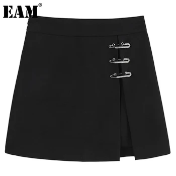 [EAM] Nepravidelný Pin Dekorácie Black Split Vysoký Pás Mini Polovicu tela Sukne Ženy Móda Prílev Nových Jar Jeseň 2021 1DD4913