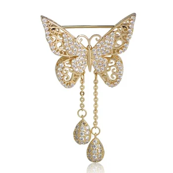 Módne dámske kvalitné cubic zirconia motýľ brošňa zlatý strapec klasické svadobné dekorácie zvierat corsage brošňa darček