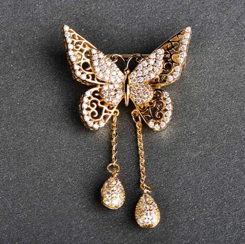 Módne dámske kvalitné cubic zirconia motýľ brošňa zlatý strapec klasické svadobné dekorácie zvierat corsage brošňa darček