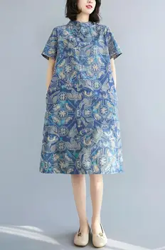 Letné Vintage Čínsky Štýl Tlače Bavlna Materskej Šaty, Oblečenie pre Tehotné Ženy Riadok Voľné Elegantné Tehotenstva Cheongsam