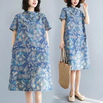 Letné Vintage Čínsky Štýl Tlače Bavlna Materskej Šaty, Oblečenie pre Tehotné Ženy Riadok Voľné Elegantné Tehotenstva Cheongsam
