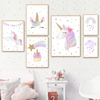 Dúha Unicorn Wall Art Vytlačí Baby Škôlky, Plagáty Roztomilé Nástenné Umelecké Plátno Obrazy Obraz Pre Dievča Deti Spálne Dekorácie