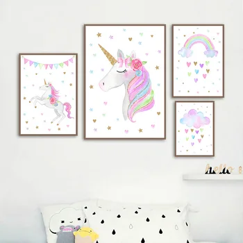 Dúha Unicorn Wall Art Vytlačí Baby Škôlky, Plagáty Roztomilé Nástenné Umelecké Plátno Obrazy Obraz Pre Dievča Deti Spálne Dekorácie