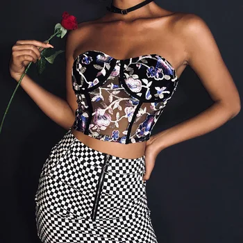 Kvetinové Výšivky, Čipky Oka Čierne Sexy Plodín Top Ženy Strany Clubwear Korzet Bielizeň Tank Topy Letné Oblečenie 2021