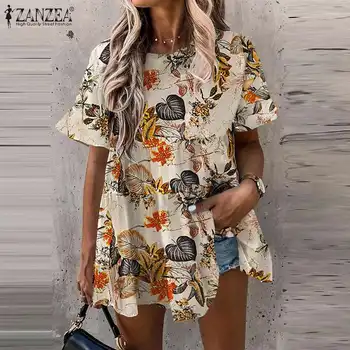 2021 Ženy Lete Krátky Rukáv Topy ZANZEA Vintage Kvetinový Vytlačené Voľné Tričko Bežné Blúzka Retro O Krk Tunika Blusas