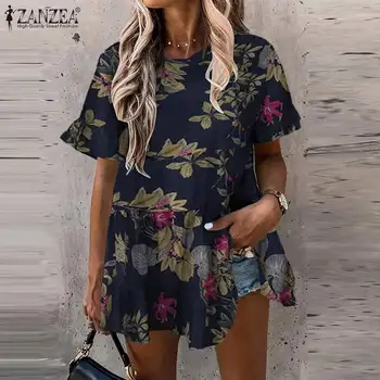 2021 Ženy Lete Krátky Rukáv Topy ZANZEA Vintage Kvetinový Vytlačené Voľné Tričko Bežné Blúzka Retro O Krk Tunika Blusas