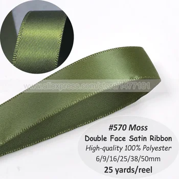 (25 Metrov) 570 MOSS GREEN 6 mm 9 mm 16 mm 25 mm Double Face SATÉNOVÁ STUHA Pásky Vysoko Kvalitný Polyester Obojstranná Páska