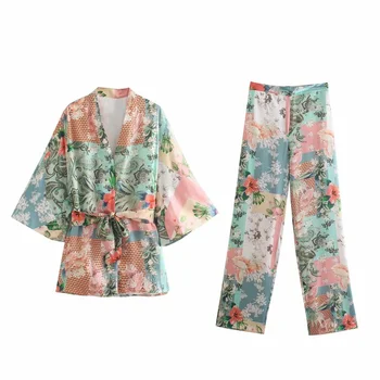 Za 2021 Patchwork Tlač Krátke Kimono Blúzka Ženy Lete Vintage Bočné Vetracie Otvory Lem Pás Módne Topy Pláži Japonskom Štýle, Blúzky