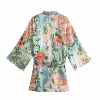 Za 2021 Patchwork Tlač Krátke Kimono Blúzka Ženy Lete Vintage Bočné Vetracie Otvory Lem Pás Módne Topy Pláži Japonskom Štýle, Blúzky