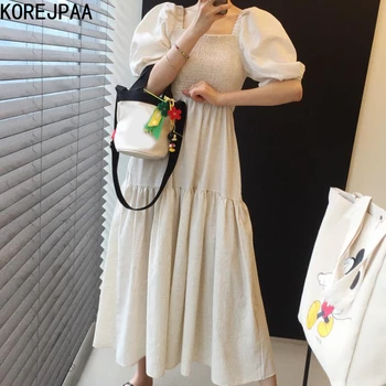 Korejpaa Ženy Šaty 2021 Lete Kórejský Elegantné Jednoduché, Elegantné Temperament Námestie Násobne Golier Dizajn Pás Lístkového Rukáv, Dlhé Šaty
