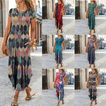 Ženy Bežné Šaty Bohemia Kvetinový Vrecká Spájať Maxi Šaty 2021 Nové Letné Krátky Rukáv Tlačené Šaty Plus Veľkosť Lady Streetwear