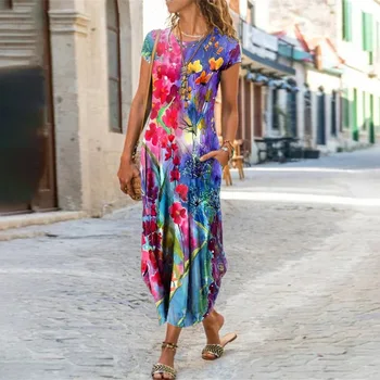 Ženy Bežné Šaty Bohemia Kvetinový Vrecká Spájať Maxi Šaty 2021 Nové Letné Krátky Rukáv Tlačené Šaty Plus Veľkosť Lady Streetwear