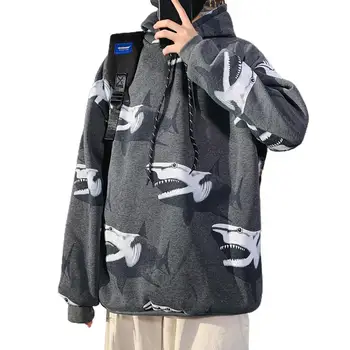 Muži fleece mikina s kapucňou mikiny zimné nadrozmerná muž pulóvre Žraloky Tlač Dlhý Rukáv Šnúrkou s Kapucňou, Plyšové Hrubá Mikina