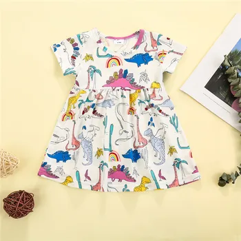Deti, Baby, Dievčatá, Krátky Rukáv Cartoon Dinosaura Tlač Šaty Módne Oblečenie pre Deti, Dievčatá