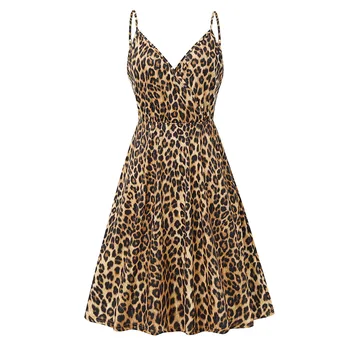 Letné Vintage Rockabilly Šaty Jurken 60. rokoch 50. Retro Big Swing Leopard Tlač Dievčinu Ženy Audrey Hepburn Popruh, Mini Šaty Vestido