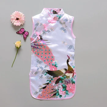 90-140 CM Baby Girl Dress Páv bez Rukávov Slim Tradičné Šaty Cheongsam Dievčatá Oblečenie Čínsky Štýl Qipao Čínske Šaty