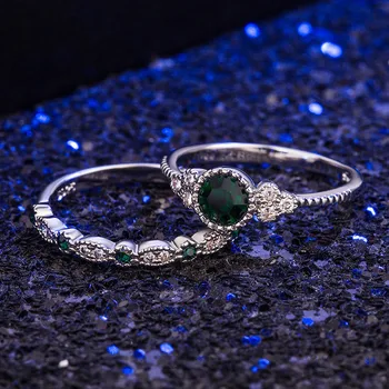 DAIWUJAN Luxusné Emerald Modré Drahokamy Dvojité Prstene pre Ženy, Dievčatá Crystal Tenký Krúžok Sady Zapojenie Svadbu Striebro 925 Šperky