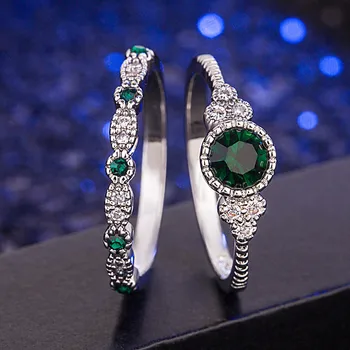 DAIWUJAN Luxusné Emerald Modré Drahokamy Dvojité Prstene pre Ženy, Dievčatá Crystal Tenký Krúžok Sady Zapojenie Svadbu Striebro 925 Šperky