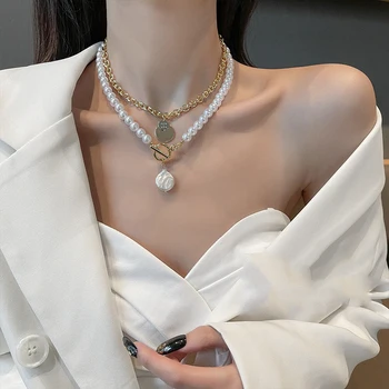 Baroková Perla Kovové Reťaze Kus Dvoch Dvojlôžkových Náhrdelníky Pre Ženy kórejský Módne Šperky Gotický Party Girl je Sexy Clavicle Reťazca
