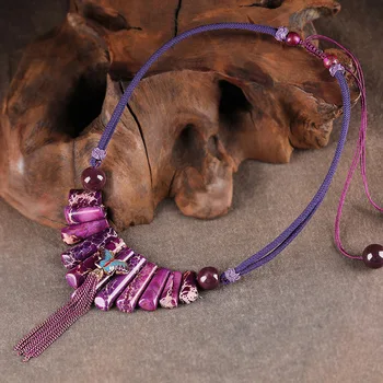 Etnické Nové Farebné Purple Stone Multi-layer Strapec Prívesok Lano, Reťaz Kovové Line Korálky Náhrdelník pre Ženy Šperky