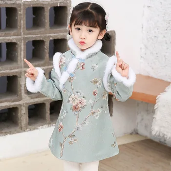 Zimné Dievčatá Čínsky Národný Štýl Teplé Nový Rok Cheongsam Šaty Výšivky Dievča Retro Kožušiny, Šaty Tradičné Dynastie Oblečenie