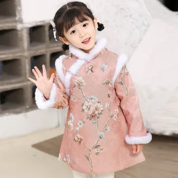 Zimné Dievčatá Čínsky Národný Štýl Teplé Nový Rok Cheongsam Šaty Výšivky Dievča Retro Kožušiny, Šaty Tradičné Dynastie Oblečenie