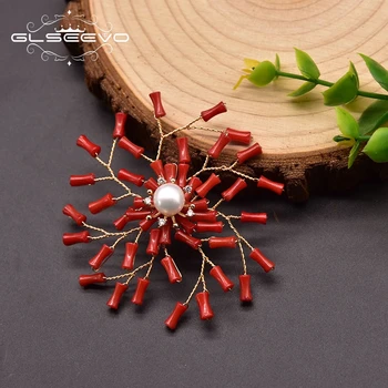 GLSEEVO Pôvodnej Prírodné Sladkovodné Perly Brošňa Pre Žien Výročie Ručne vyrábané Prírodné Coral Flower Luxusné Šperky GO0377