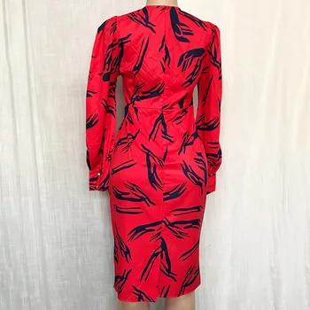 Červené Print Office Šaty Žien 2021 Lete Elegantné Boodycon Midi Šaty s Pásom Ročníka Afrického Dlhý Rukáv V krku Maxi Vestido