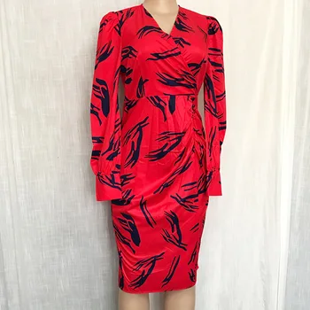 Červené Print Office Šaty Žien 2021 Lete Elegantné Boodycon Midi Šaty s Pásom Ročníka Afrického Dlhý Rukáv V krku Maxi Vestido