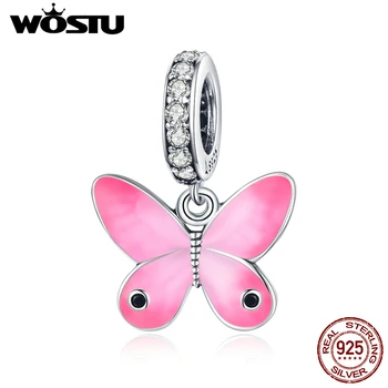 WOSTU 925 Sterling Silver Charms Ružová Prívesok Motýľ Zvierat Perličiek Fit Originálny Náramok, Náhrdelník Pre Ženy Šperky CQC1728