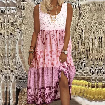 Elegantné dámske Letné Šaty O Krk bez Rukávov Fashion Party Šaty Voľné Bežné Mid-dĺžka Tlače Plážové Šaty Plus Veľkosť 2021