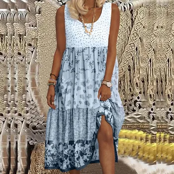 Elegantné dámske Letné Šaty O Krk bez Rukávov Fashion Party Šaty Voľné Bežné Mid-dĺžka Tlače Plážové Šaty Plus Veľkosť 2021