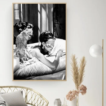 Audrey Hepburn s Mačka Filmové Plagáty Vytlačí Módne Čierne Biele Vintage Plátno na Maľovanie na Stenu Umenie Obývacia Izba Domova