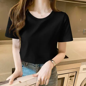 HAN-Krátke rukávy T-shirt dámske letné nový štýl čistej bavlny bežné základné jednoduché, čisté farby wild tenké tričko klesnutie