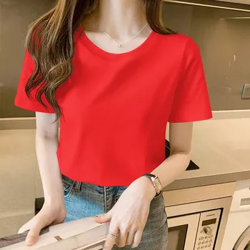 HAN-Krátke rukávy T-shirt dámske letné nový štýl čistej bavlny bežné základné jednoduché, čisté farby wild tenké tričko klesnutie