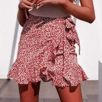 Multi Dot Tlač Krátke Mini Sukne Ženy Lete Volánikmi Vysoký Pás Motýlik Sukne Dámske Streetwear Slim Dna Saias 2021