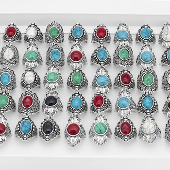 20 Ks/Veľa Vintage Kamenný Kruh pre Ženy Módne Šperky Mix Farieb Strieborné Pozlátené Punk Prírodné Duté Retro Krúžok na Párty Darček