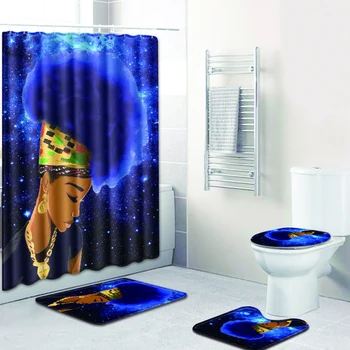 Kúpeľňa Set So Sprchovacím kútom Opony Luxusné African American Girl Nepremokavé Vaňa Opony Non-slip Vaňa Koberec Sady Wc Kryt Mat