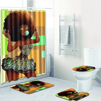 Kúpeľňa Set So Sprchovacím kútom Opony Luxusné African American Girl Nepremokavé Vaňa Opony Non-slip Vaňa Koberec Sady Wc Kryt Mat