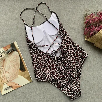 Ženy Leopard Vytlačené Bikini Set Bez Rukávov Backless Plávanie Oblečenie Jednodielne Plavky Celé Plavky Plavky S Push Up Podprsenka Bikiny