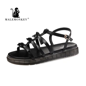 MALEMONKEY 023127 Dámy Nové Módne Sandále 2020 Lete PU Kožené Ploché Sandále Otvorené Prst Módy Sexy Ženy Sandále Čierne
