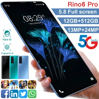 Globálna Verzia Rino6 pro Smartphony 5.8 Palcový 4800mAh 12+512 gb diskom Mobilné Telefóny 13MP +24MP HD Kamera Android10 Dual SIM mobilné telefóny