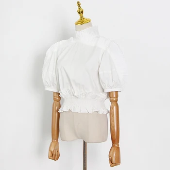 TWOTWINSTYLE Ruched Košele Pre Ženy Stojí Golier Lístkového Polovičný Rukáv Štíhle Biele Blúzky Žena 2021 Jarné Oblečenie Móda Nové