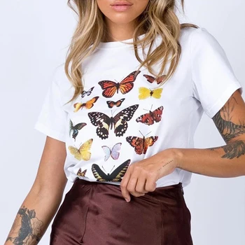 Ženy Módne Oblečenie O Krk Krátky Rukáv Topy Nové White Butterfly Grafika Tričká, Vintage Príležitostné Voľné Streetwear 2021 Lete