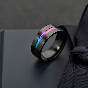 8 mm Luxusný Čierny Krúžok pre Mužov Groove Rainbow Nehrdzavejúcej Ocele Kapely Svadobné Trendy Bratskej Krúžky, Príležitostné Muž Šperky