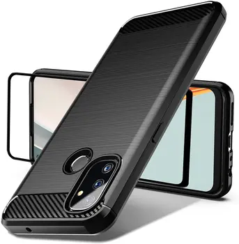OnePlus Nord N100 Prípade Tvrdeného Skla Screen Protector, Shockproof Slim TPU Prípade Kartáčovaný Textúra Mäkké Gumy, Ochranný Kryt