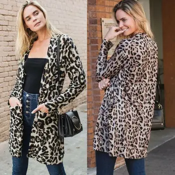 Goocheer Ženy Leopard Tlač Cardigan Coats Pončo Bežné Dlhý Rukáv Sveter Jumper Topy