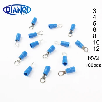 DIANQI RV2-3 4 5 6 8 10 12 Modrý Krúžok Izolované Drôty Konektor Elektrické Krimpovacie Terminálu Kábel, Vodič 1,5-2.5mm2